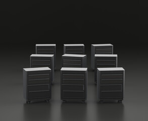 Dark gray shop drawer on black background, single color workshop tool, 3d rendering