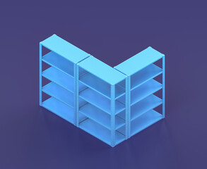 Isometric shelf on blue background, single color workshop tool, 3d rendering