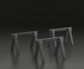 Dark gray saw horse or roadblock barricade, on black background, single color workshop tool, 3d rendering