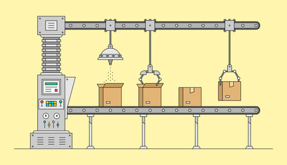 Conveyor system. Automated production line. Robotic industry concept. Industrial machine. Conveyor Automatic Production Line with Cardboard Boxes 
