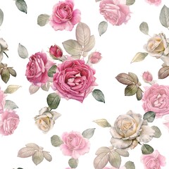 Floral seamless pattern with watercolor white and pink roses - 387433923