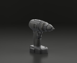 Dark gray charged wireless power drill on black background, single color workshop tool, 3d rendering