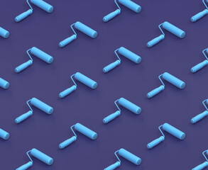 Isometric paint roller on blue background, single color workshop tool, 3d rendering