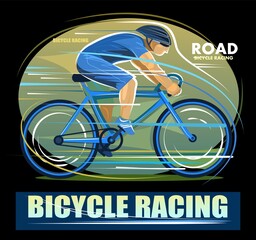 Bicycle racing. Road sports. Isolated vector on black dark background. Cycling emblem. Competition. Race. The winner racer rushes at high speed to the finish line.
