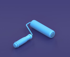 Isometric paint roller on blue background, single color workshop tool, 3d rendering