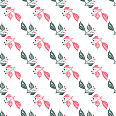 Leaves and berries christmas seamless vector pattern. Simple botanical surface print design for fabrics, stationery, scrapbook paper, gift wap, home decor, textiles, and packaging.