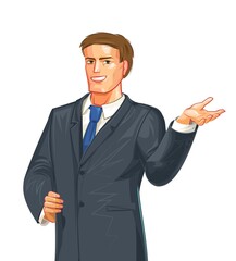 A middle-aged young man in a black business suit and blue tie. Isolated vector object on white background. Full height. Standing. The right hand is on the hip, the left hand points forward.	