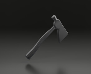 Dark gray hatchet on black background, single color workshop tool, 3d rendering