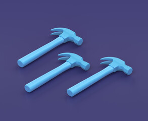 Isometric hammer on blue background, single color workshop tool, 3d rendering