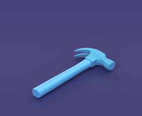 Isometric hammer on blue background, single color workshop tool, 3d rendering