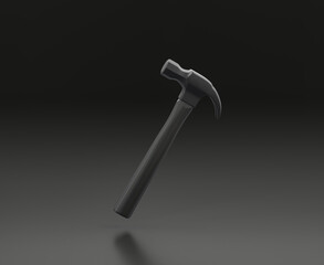 Dark gray hammer on black background, single color workshop tool, 3d rendering