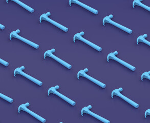 Isometric hammer on blue background, single color workshop tool, 3d rendering