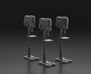 Dark gray drill press on black background, single color workshop tool, 3d rendering