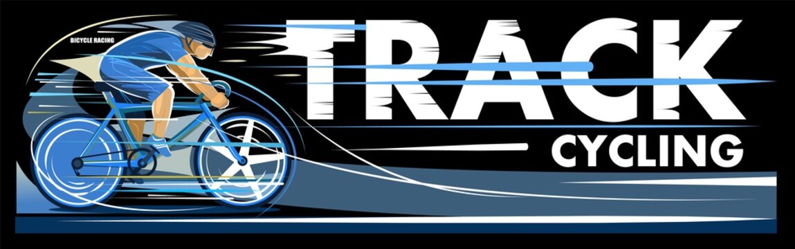 Cycle track. Lettering with illustration. Sports bike for racing. Isolated vector on black background. Driving on the road. Flat style.	