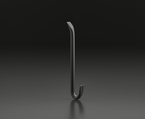 Dark gray crowbar on black background, single color workshop tool, 3d rendering