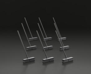 Dark gray broom on black background, single color workshop tool, 3d rendering