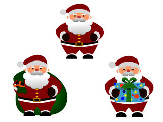Collection picturw : Santa Claus wearing a red dress, carrying a gift bag, holding a gift box.