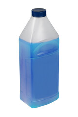 Blue antifreeze in a 1-liter canister. Non-freezing cleaning liquid. There are places for a label. Side view