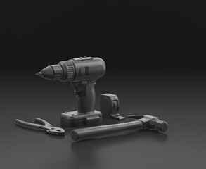 Dark gray power drill with hammer, table measure and pliers on black background, single color workshop tool, 3d rendering