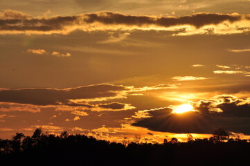Sunset view with beautiful golden sky,the colorful sky lights in the evening	