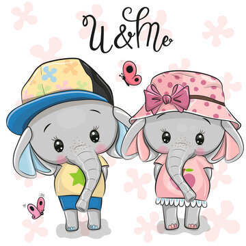 Cartoon Elephants on a pink floral background