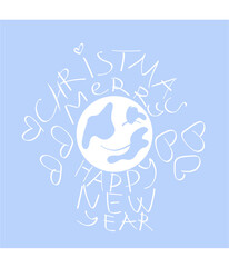 New year and Christmas text design white letters on a blue background around the globe in the snow
