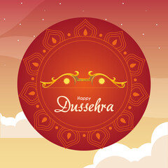 gold bow in front of red mandala ornament of happy dussehra vector design