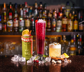 cocktails on the bar. set of alcoholic drink on the dark background
