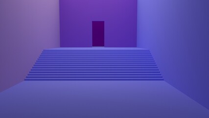 Lilac interior. Empty room with a doorway and staicase. 3d render.