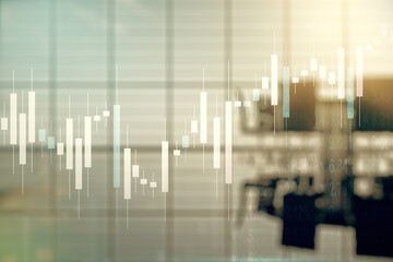 Double exposure of virtual creative financial diagram on a modern boardroom background, banking and accounting concept