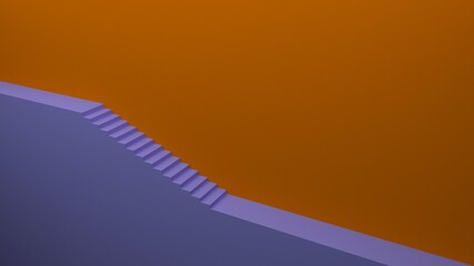 Stairs leading up and down. Yellow wall and corridor. Lilac steps. Empty space for text. Architectural element. 3d illustration.