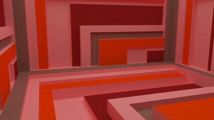 Red geometric background. Abstract interior made of geometric elements. 3d render.