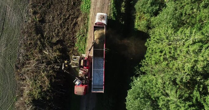 An aerial view of a large wood chipper blowing shredded wood, as a raw material to make pellets, into back of a truck in Estonia, Northern Europe. 