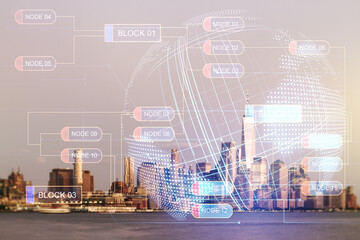Multi exposure of abstract programming language hologram and world map on Manhattan office...