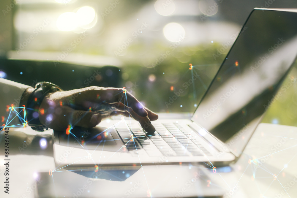 Aufkleber creative concept of wireless technology and hands typing on laptop on background. big data and datab