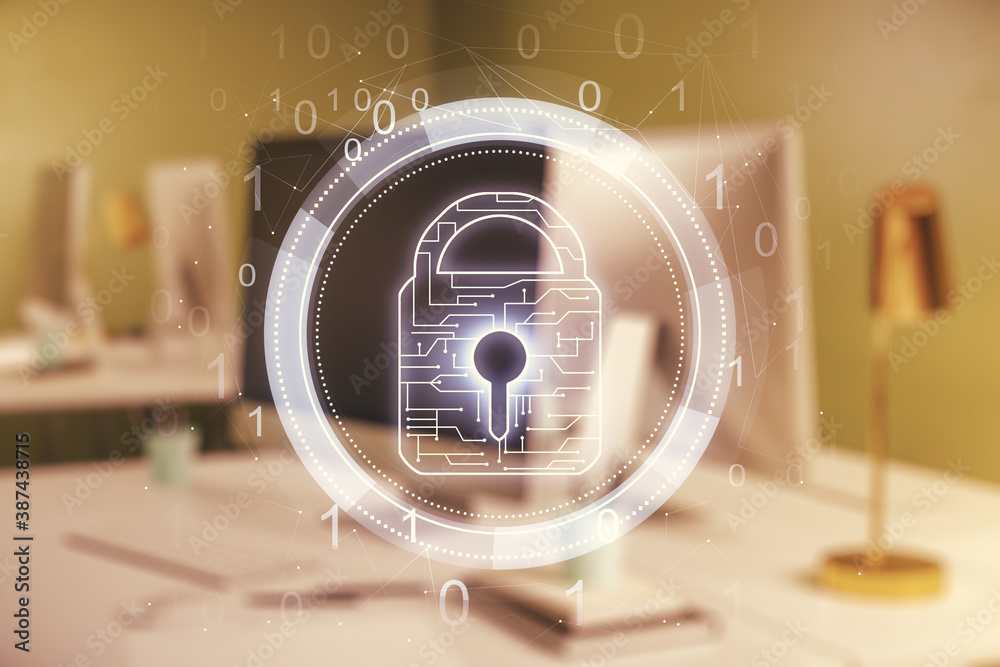 Poster creative idea concept with lock symbol and microcircuit illustration on modern laptop background. pr