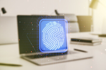 Abstract creative fingerprint concept on modern laptop background. Multiexposure