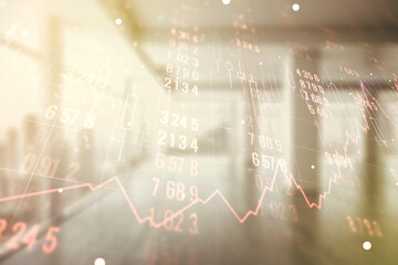 Multi exposure of creative statistics data hologram on empty modern office background, stats and analytics concept