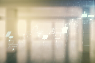 Double exposure of abstract creative financial chart hologram on empty modern office background, research and strategy concept
