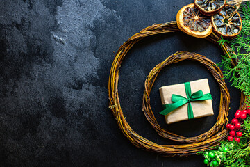 christmas background gift new year gift festive table setting holidays party new year tasty serving size portion top view copy space for text food background rustic