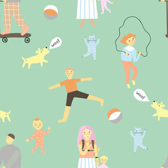 Childish seamless pattern with funny  sportish family . Creative texture for fabric, wrapping, textile, wallpaper, apparel. Vector illustration.