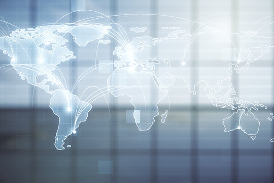 Abstract graphic digital world map hologram with connections on modern interior background, globalization concept. Multiexposure - Powered by Adobe