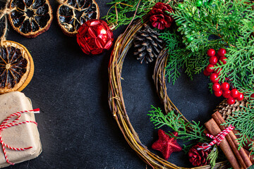 christmas background gift new year gift festive table setting holidays party new year tasty serving size portion top view copy space for text food background rustic