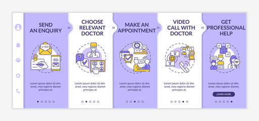 Telemedical consultation steps onboarding vector template. Send an enquiry. Choose relevant doctor. Responsive mobile website with icons. Webpage walkthrough step screens. RGB color concept