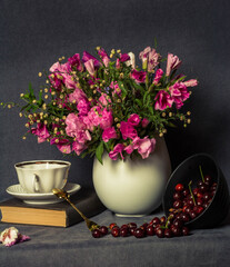 Obraz na płótnie Canvas Still life, cherry, red, flowers, white, spoon, tea, Cup, book