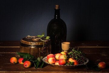 still life, Krynka, apples, tree, basket, red, walnuts, table, brown, fruit, white, cloth, bottle, red currant, barrel