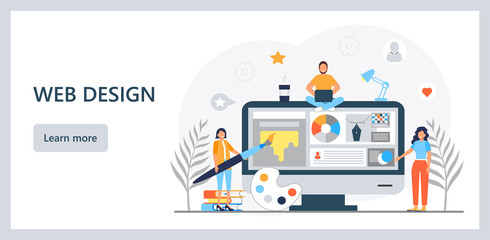 Fototapeta na wymiar UI, UX concept vector. Web designers are creating design of landing page. User interface and user experience for construction of responsible website