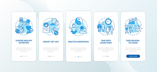 Self care checklist onboarding mobile app page screen with concepts. Choose healthy foods walkthrough 5 steps graphic instructions. UI vector template with RGB color illustrations