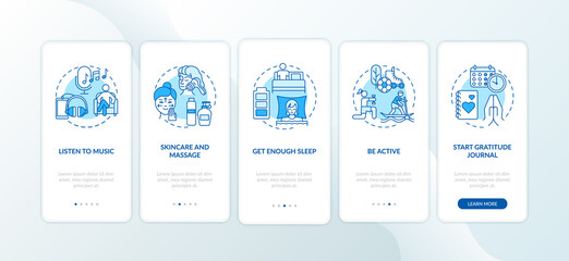Self care practices onboarding mobile app page screen with concepts. Skincare and massage salons. Listen music walkthrough 5 steps graphic instructions. UI vector template with RGB color illustrations