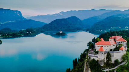Bled castle in Slovenia and the famous church at the island of the Bled Lake